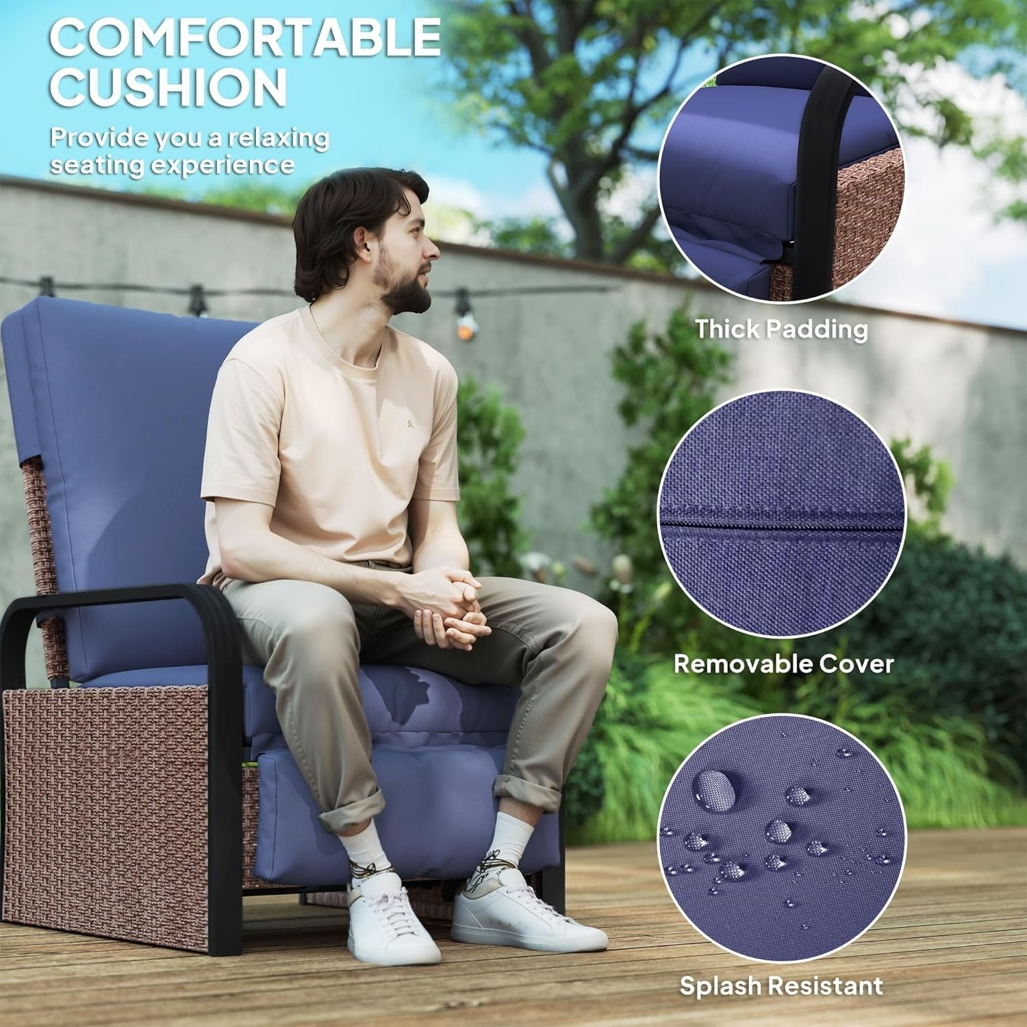 Outdoor Rattan Recliner Chair Adjustable Backrest Footrest Side Table