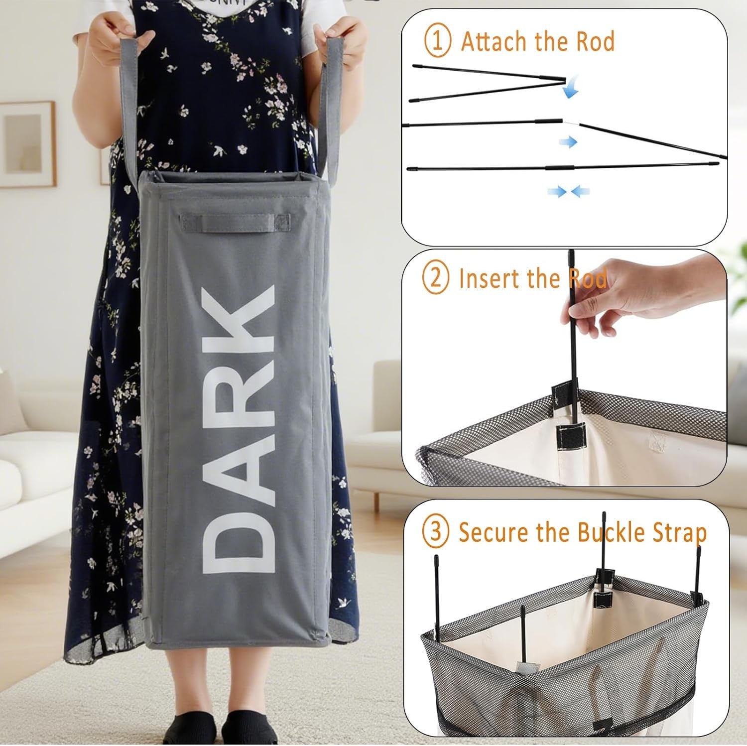 Slim Double Laundry Hamper Grey 63L Tall Basket with Handles & Foldable Design