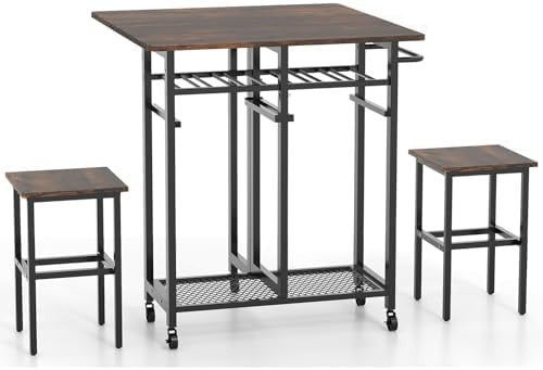 Foldable Drop Leaf Dining Table Set with Storage Shelves, Wine Rack & Stools