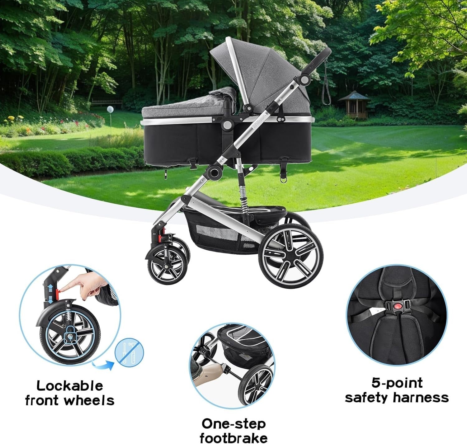 3 in 1 Travel Stroller Pram Pushchair Newborn–4 Years 22kg Black