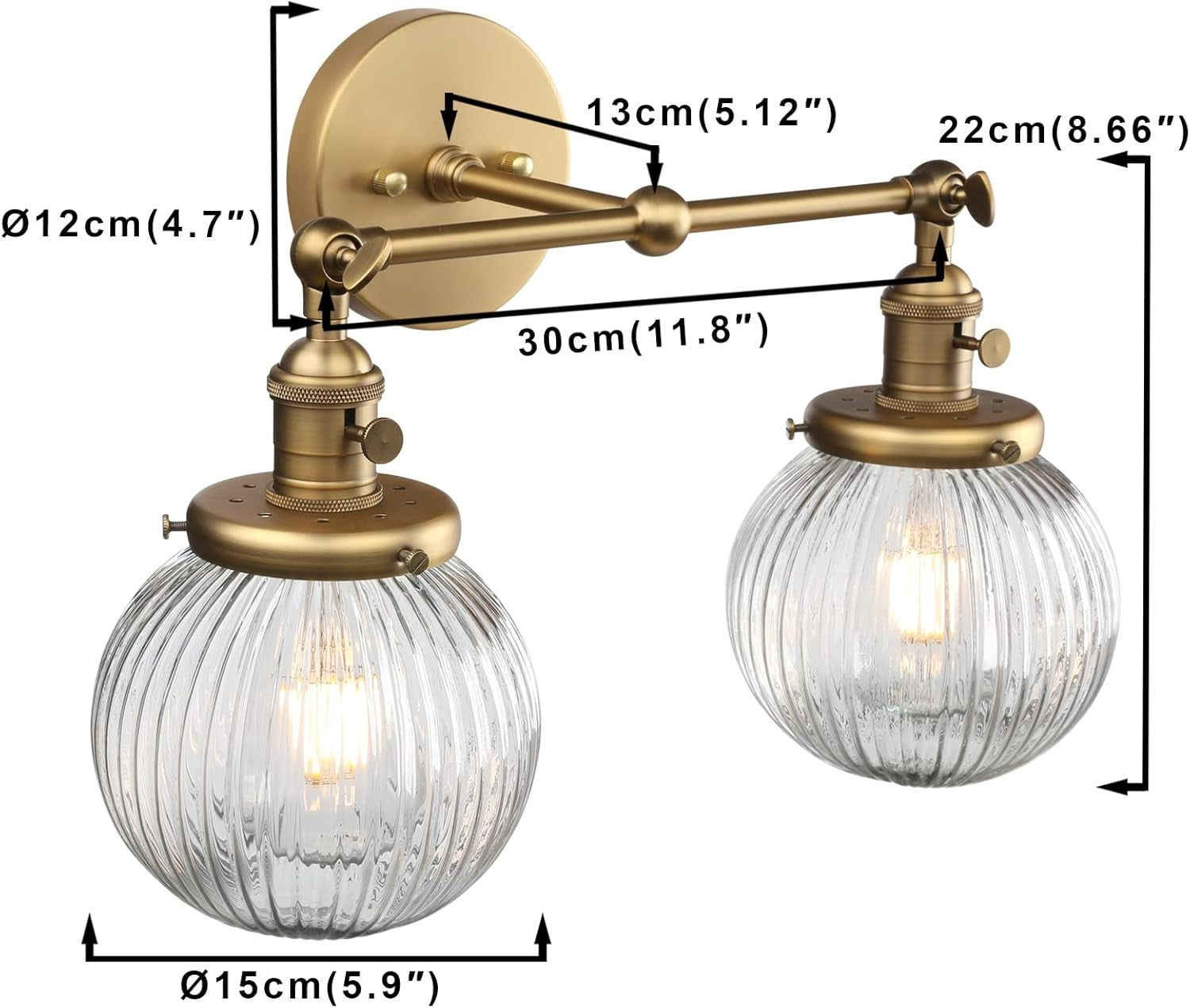 Modern 2-Light Glass Wall Sconce with Ribbed Shades | Dimmable Bedroom