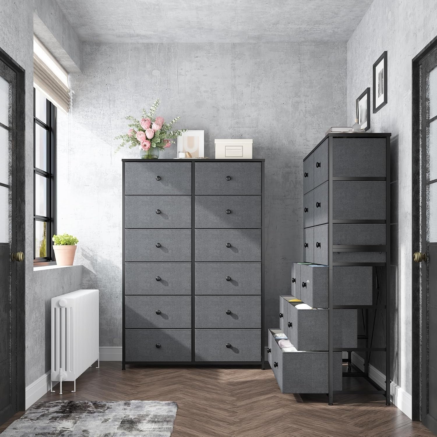Tall 12 Drawer Chest Light Grey Fabric Storage Cabinet Metal Wood Frame