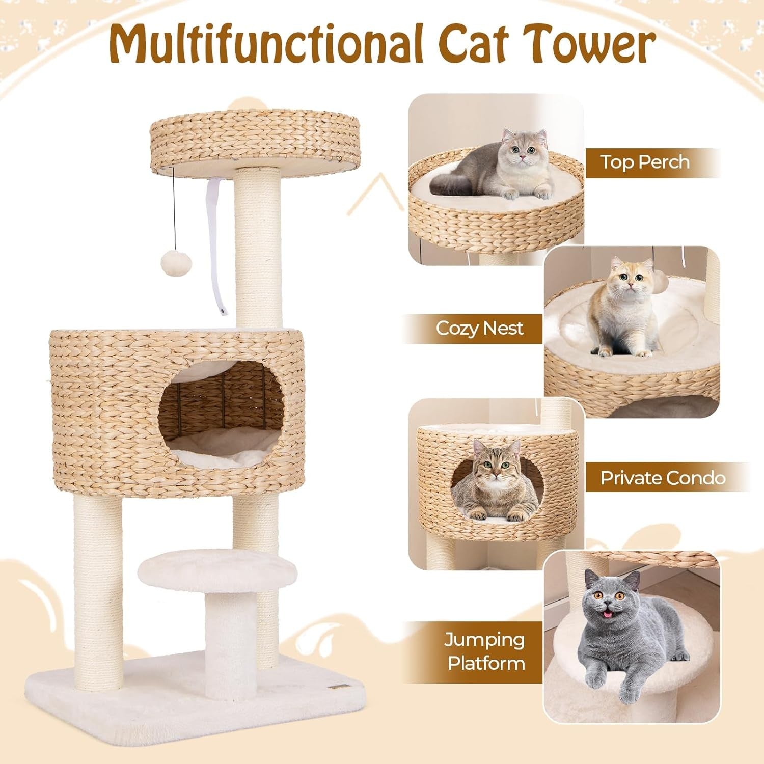Modern Cat Tree Tower With Wicker Condo Top Perch Scratching Posts Indoor