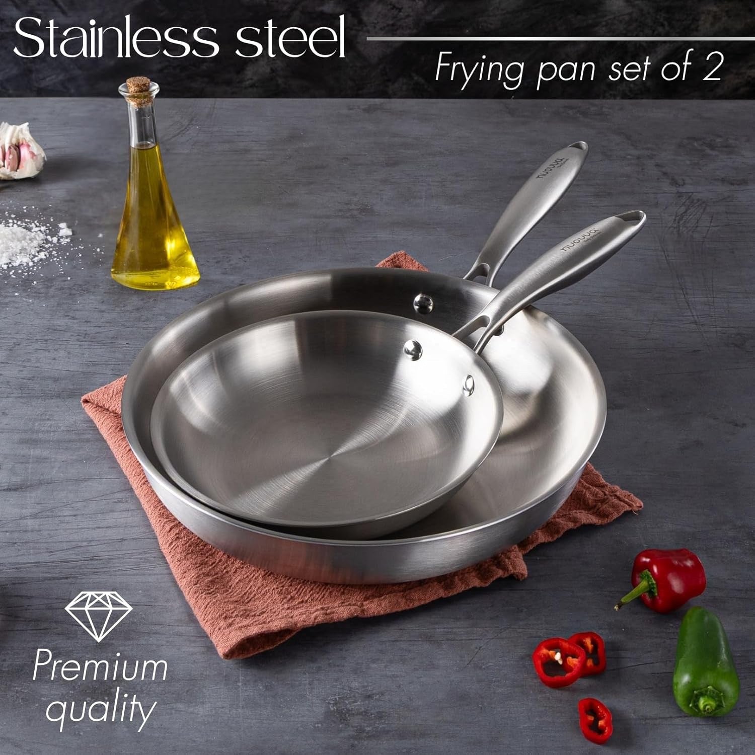 2pcs Stainless Steel Frying Pan Set Induction Tri-Ply Non Stick 20cm & 28cm