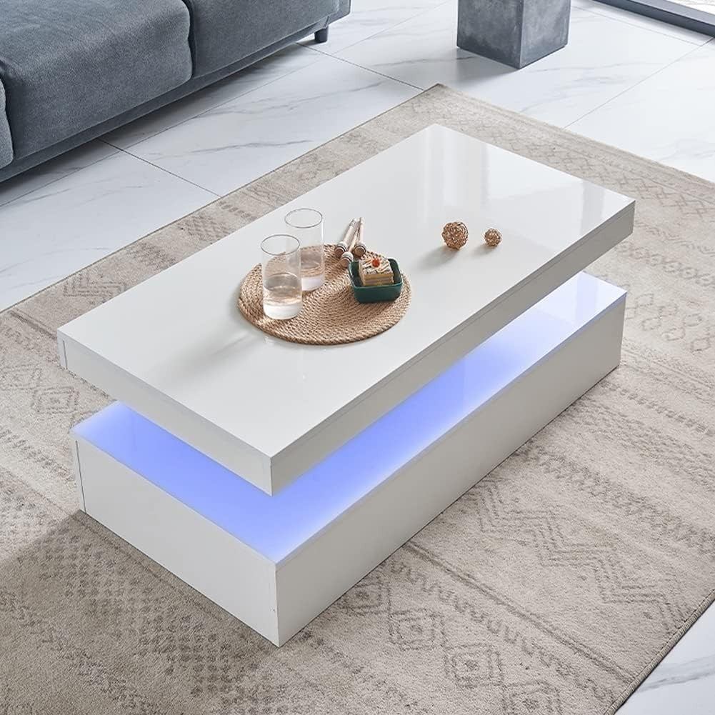 Modern White High Gloss Coffee Table with 16-Color LED Lights & Large Capacity