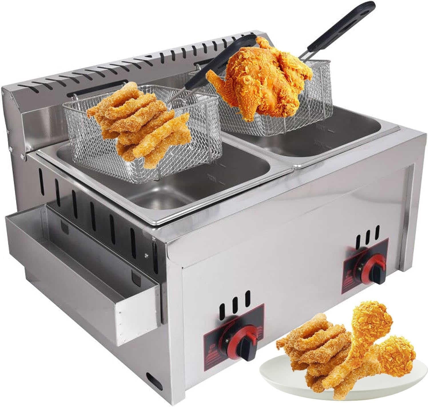 Double Tank Gas Fryer 20L Stainless Steel Commercial Countertop