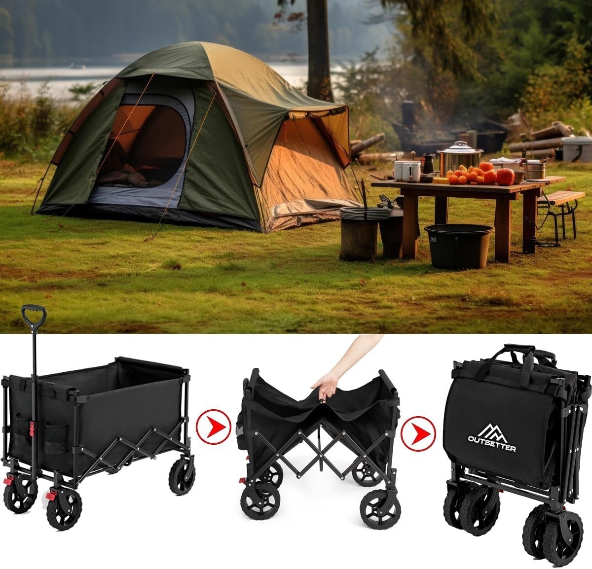 150L Folding Festival Trolley Cart with Adjustable Handle & 4 Wheels