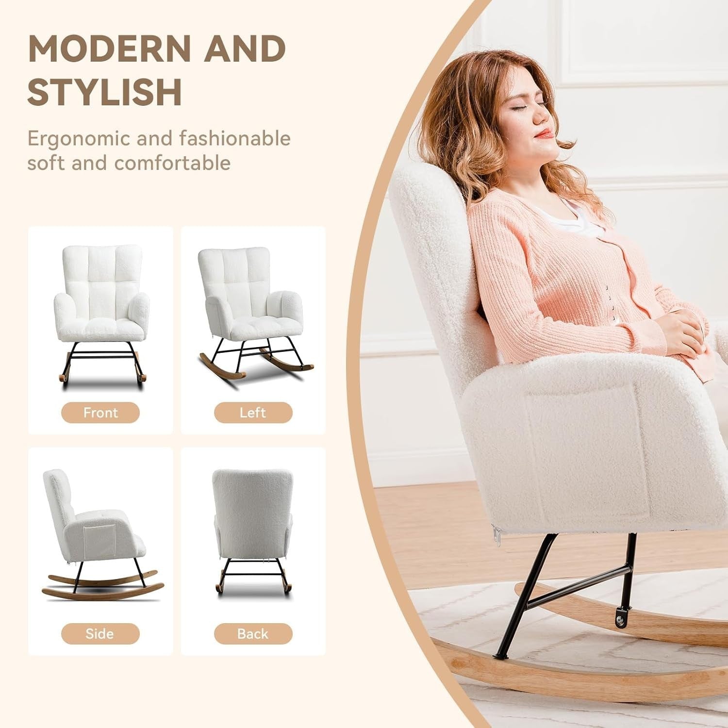 White Teddy Rocking Chair High Back Armchair – Soft Lounge Seat for Nursery
