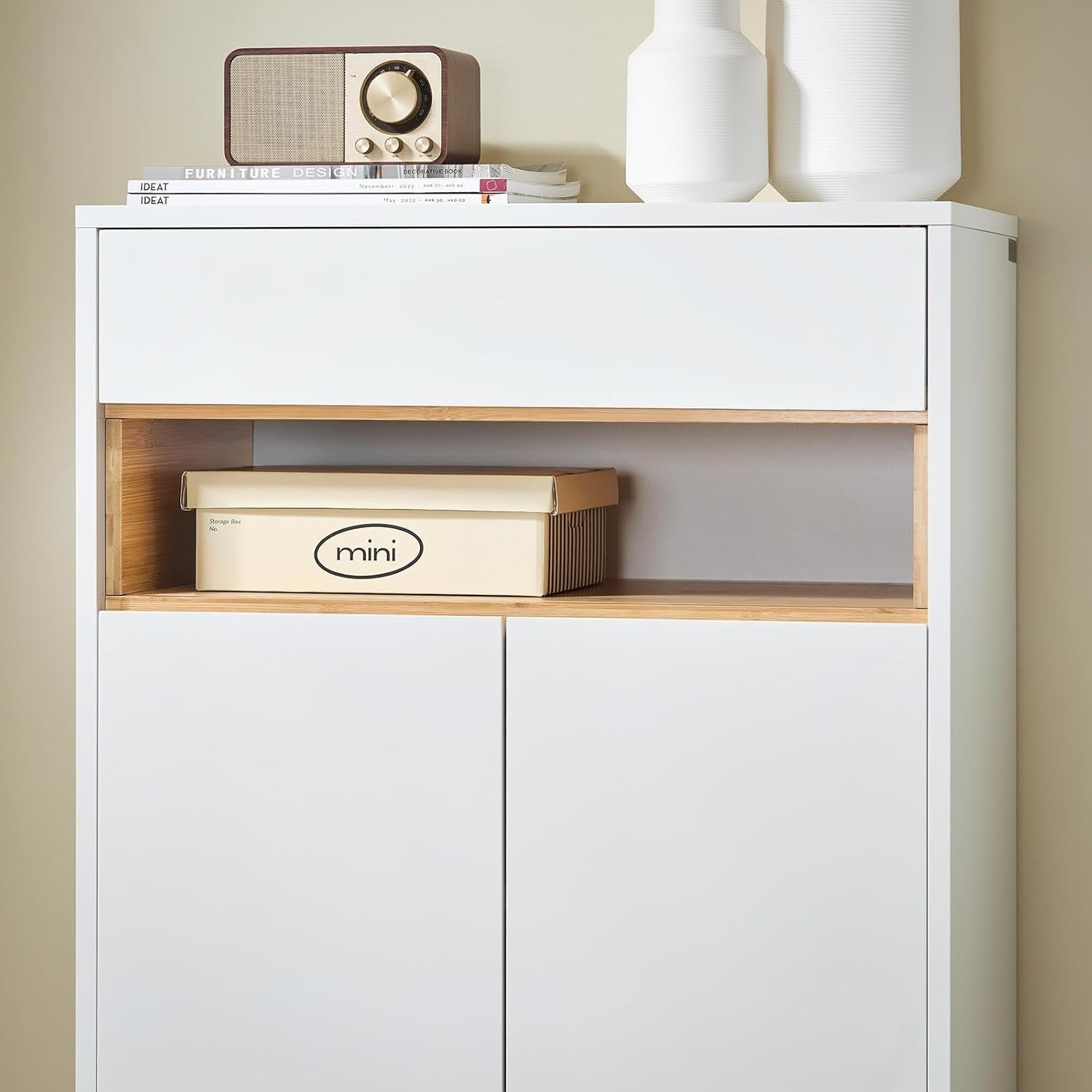 White Sideboard Cabinet with Drawer & Adjustable Shelves Bamboo Legs 60x34x85cm