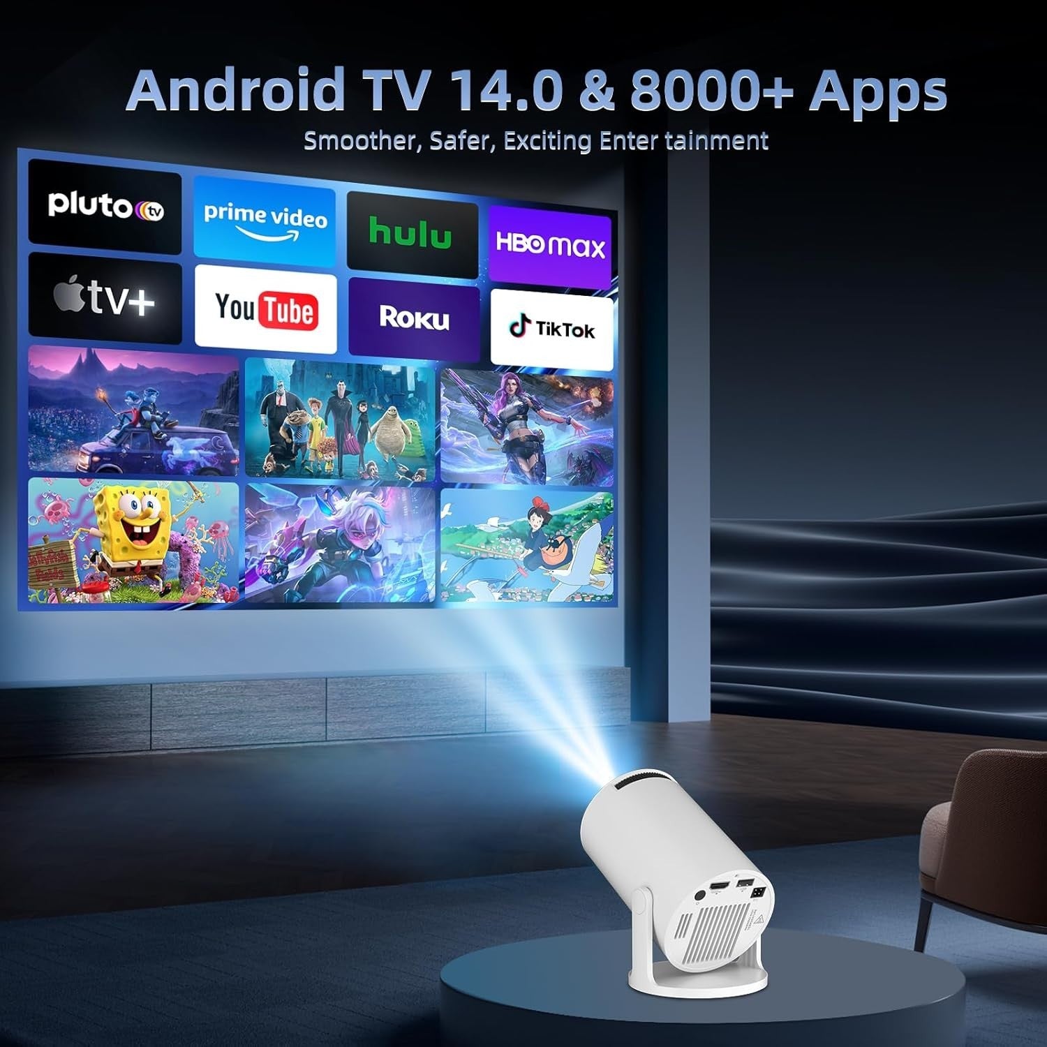 Smart Mini Projector WiFi 6 Bluetooth Auto Keystone Short Throw 150"
