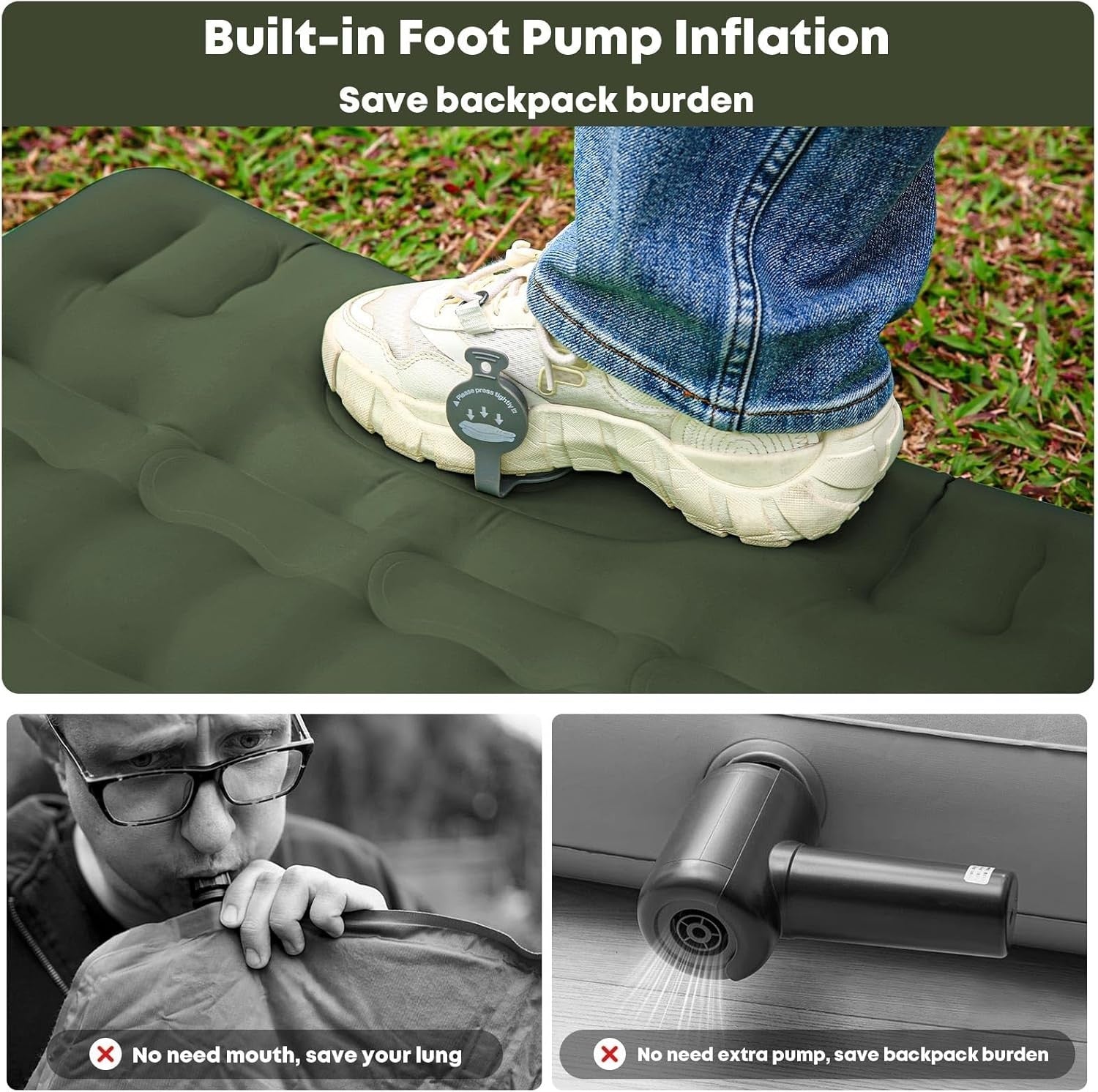 Extra Thick Camping Air Mattress 12–15cm Built-In Foot Pump Pillow Pad Green