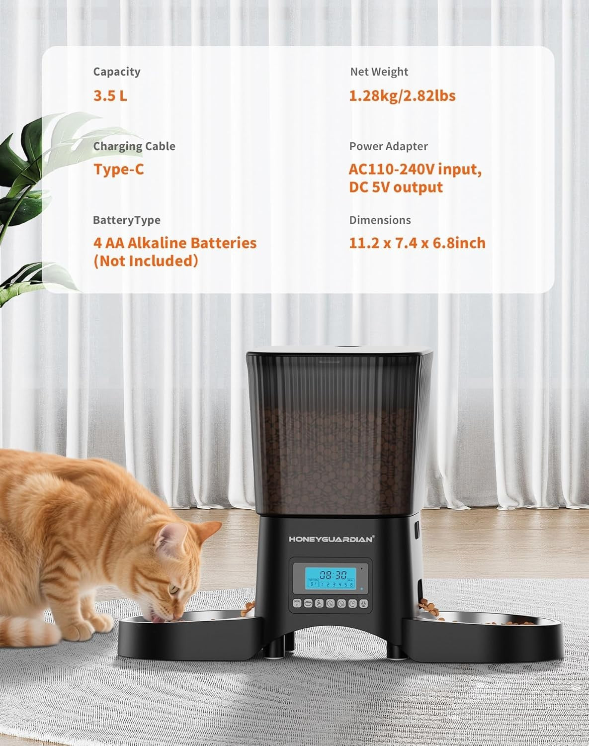 Automatic Cat Feeder for 2 Cats 3.5L Timed Food Dispenser Dual Bowl