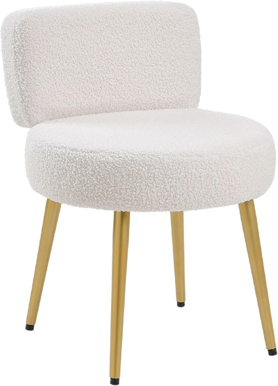White Teddy Velvet Vanity Stool with Gold Legs – Tufted Back Dressing Chair