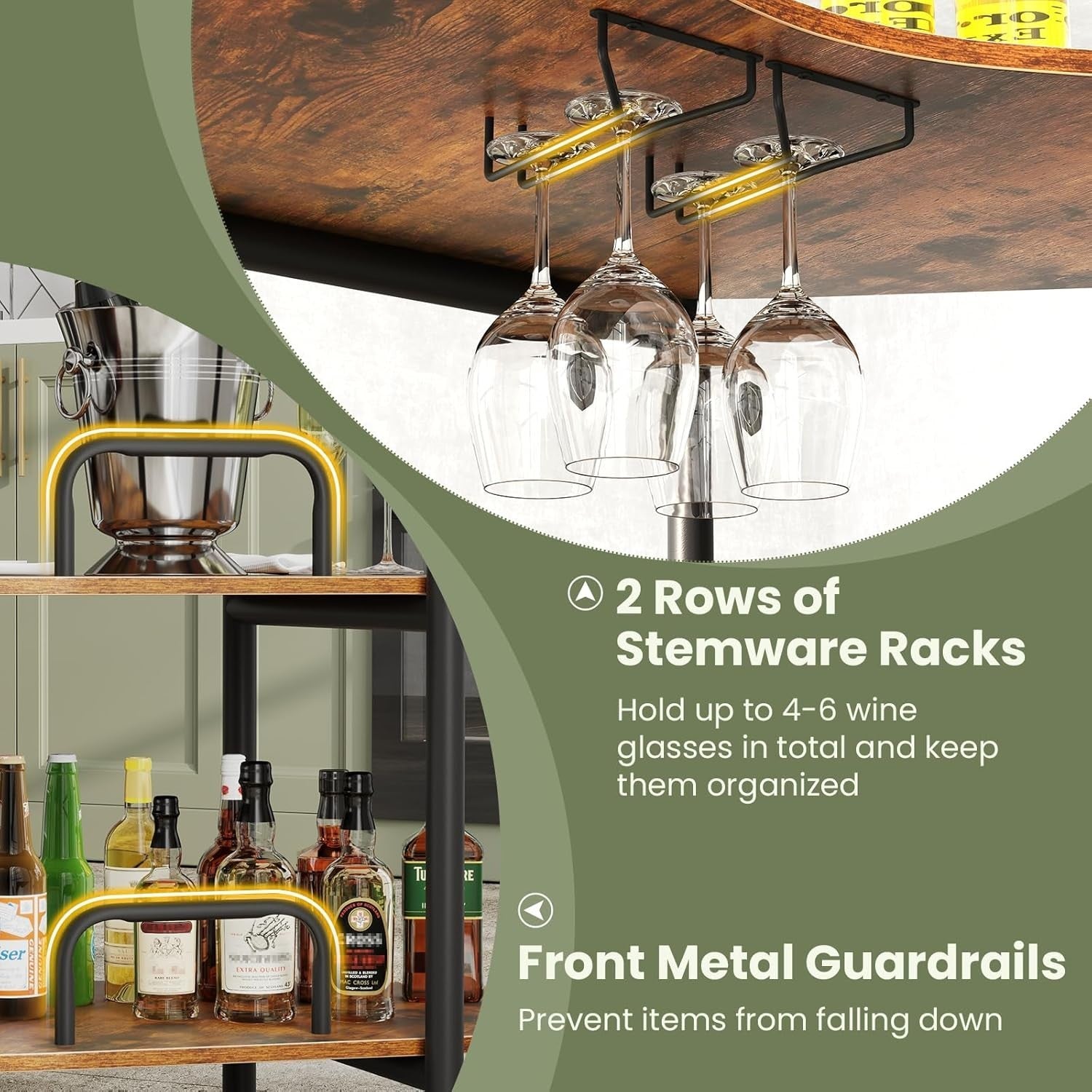 Rustic 3-Tier Wine Bar Cabinet with Glass Holder Freestanding Drinks Storage