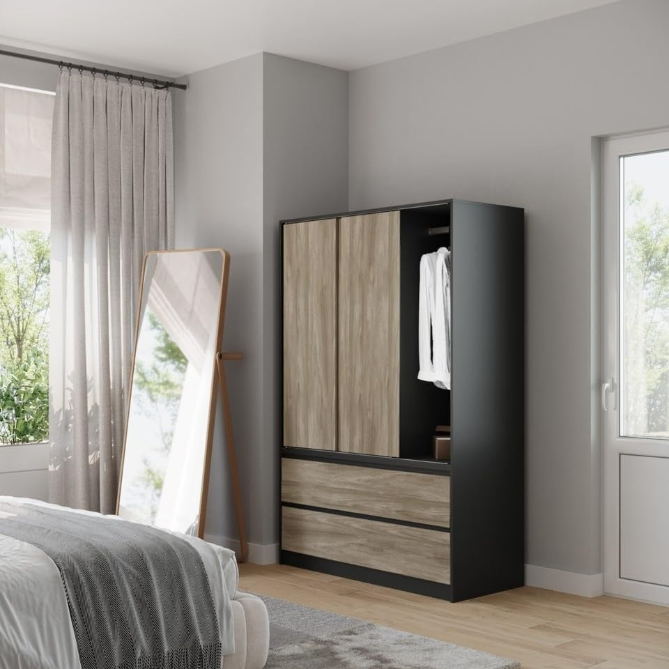 Oak Sliding Door Wardrobe with 4 Drawers & Hanging Rail - Space Saving