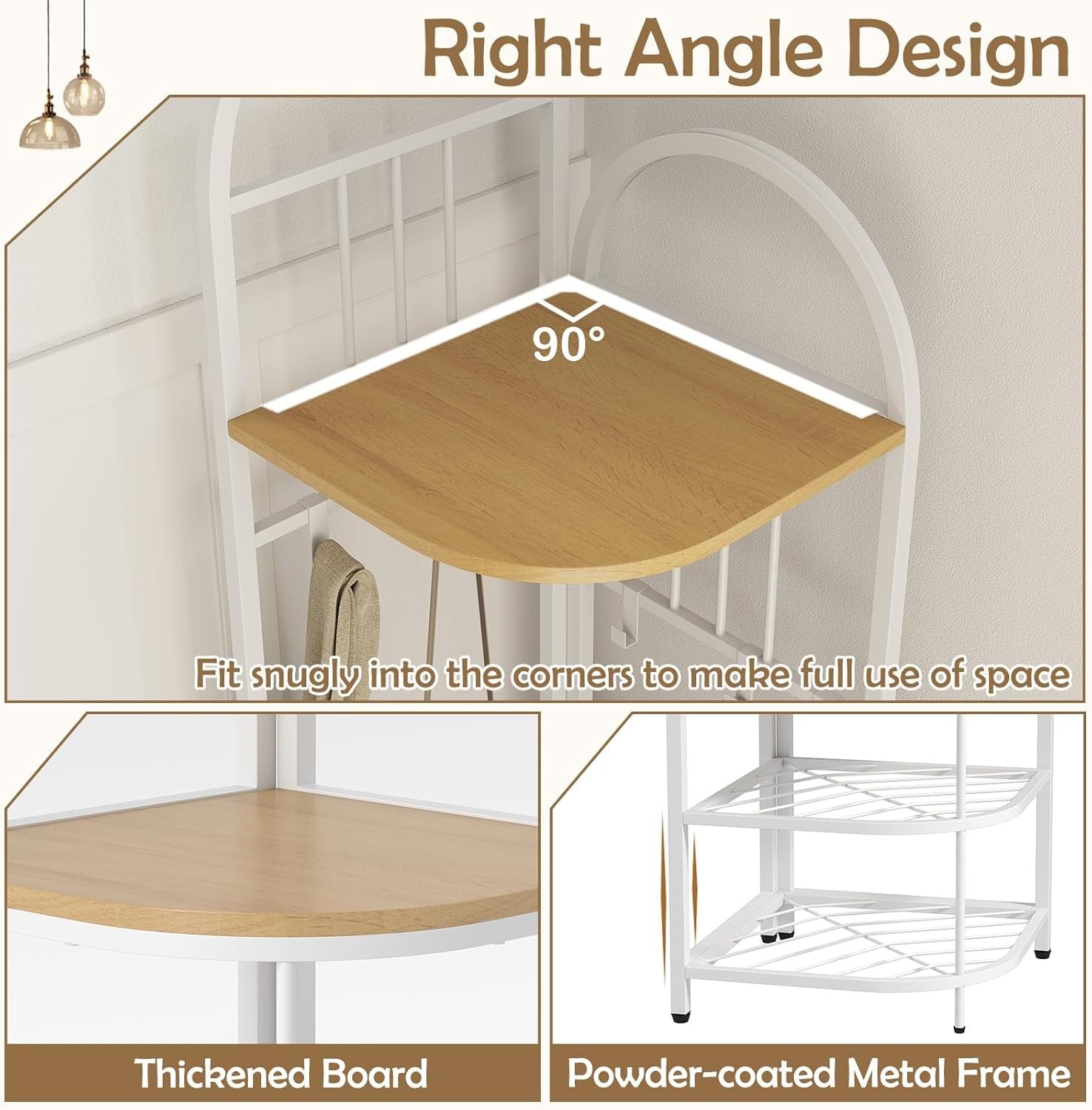 Natural White Corner Coat Rack 4-Tier Hall Tree with Shoe Bench & Hooks