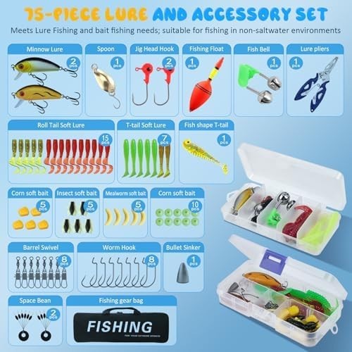 Kids Fishing Rod Set of 2 Telescopic Spinning Combo with Reel Lures Bag 1.8M