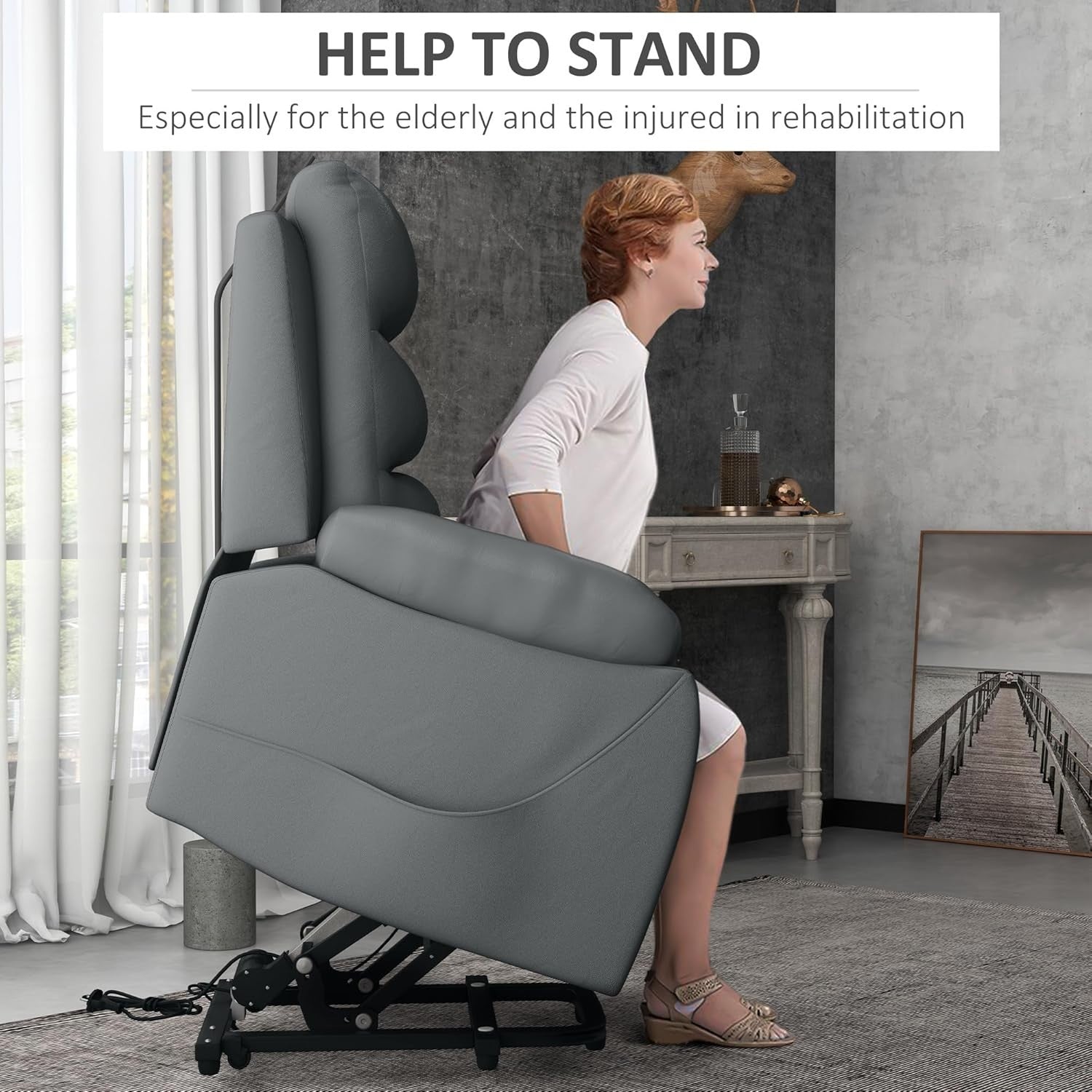 Power Lift Recliner Chair Massage Heat PU Leather 135° Recline w/ Footrest Grey
