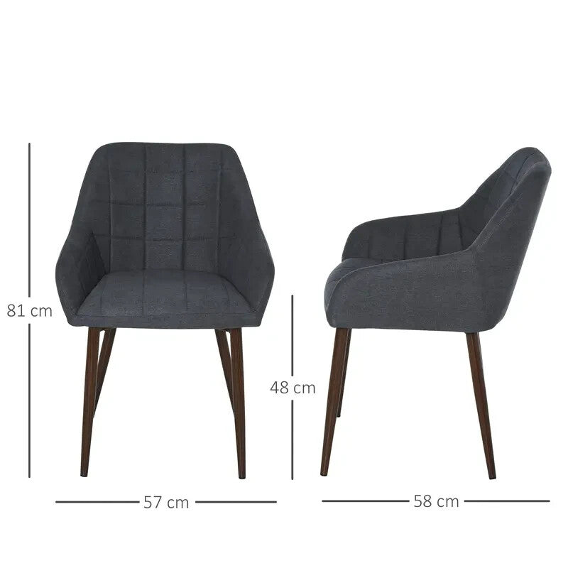 2x Grey Dining Chairs Linen-Fabric Padded Armchairs Steel Legs Modern