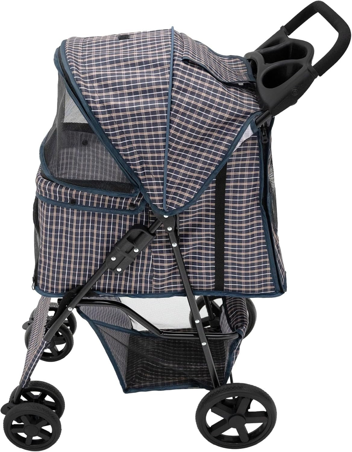 Grey Tartan Pet Stroller Pushchair with Caddy Bag Foldable 15kg Travel Pram