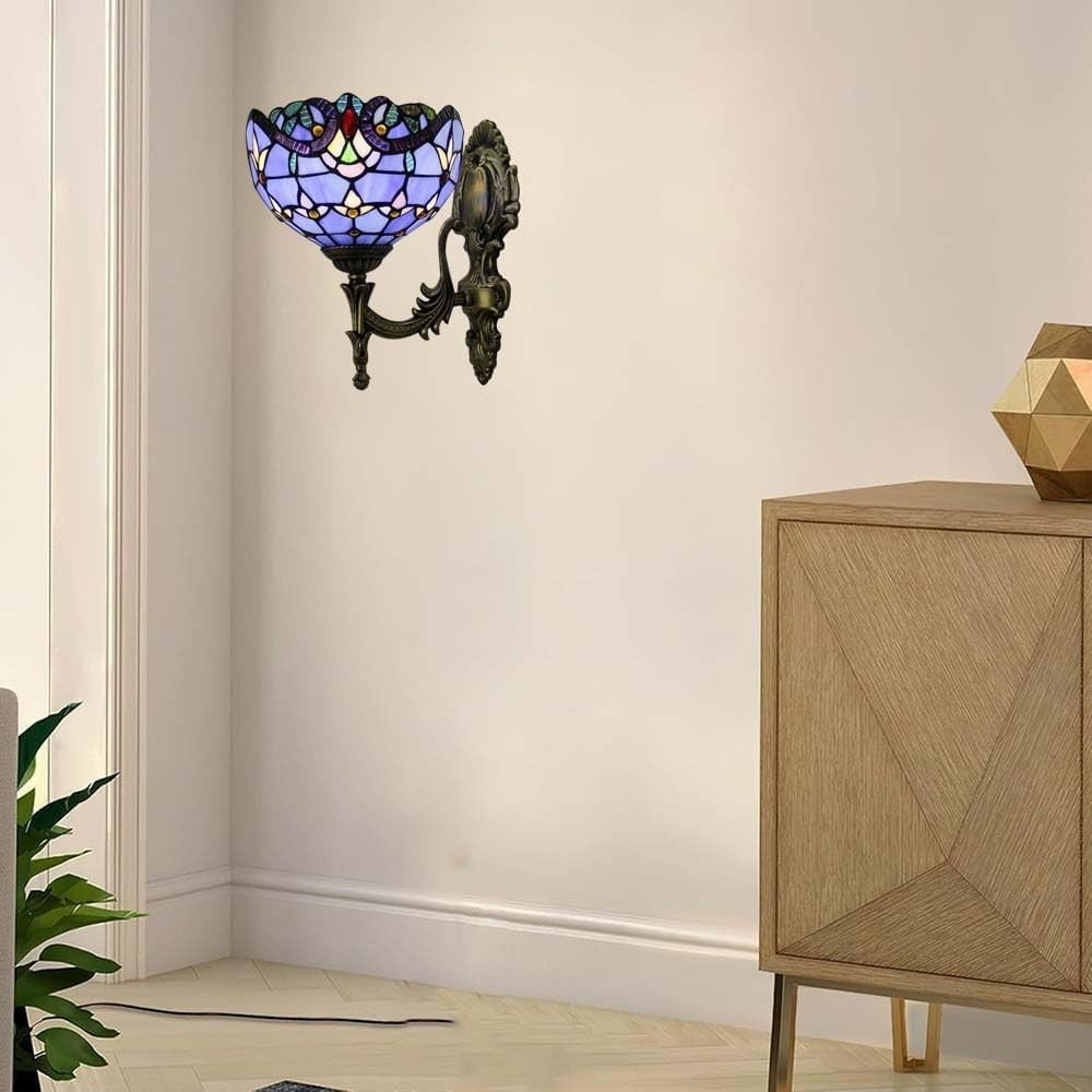 Vintage Wall Lamp with Blue Stained Glass Shade – 28cm Retro Light Fixture