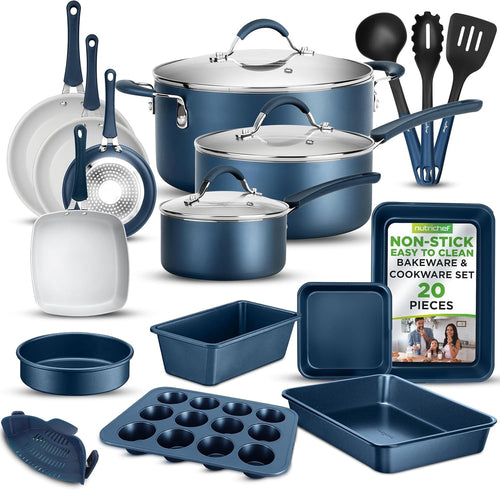 20pcs Navy Non Stick Cookware & Bakeware Set Induction Safe Pots Pans with Lids