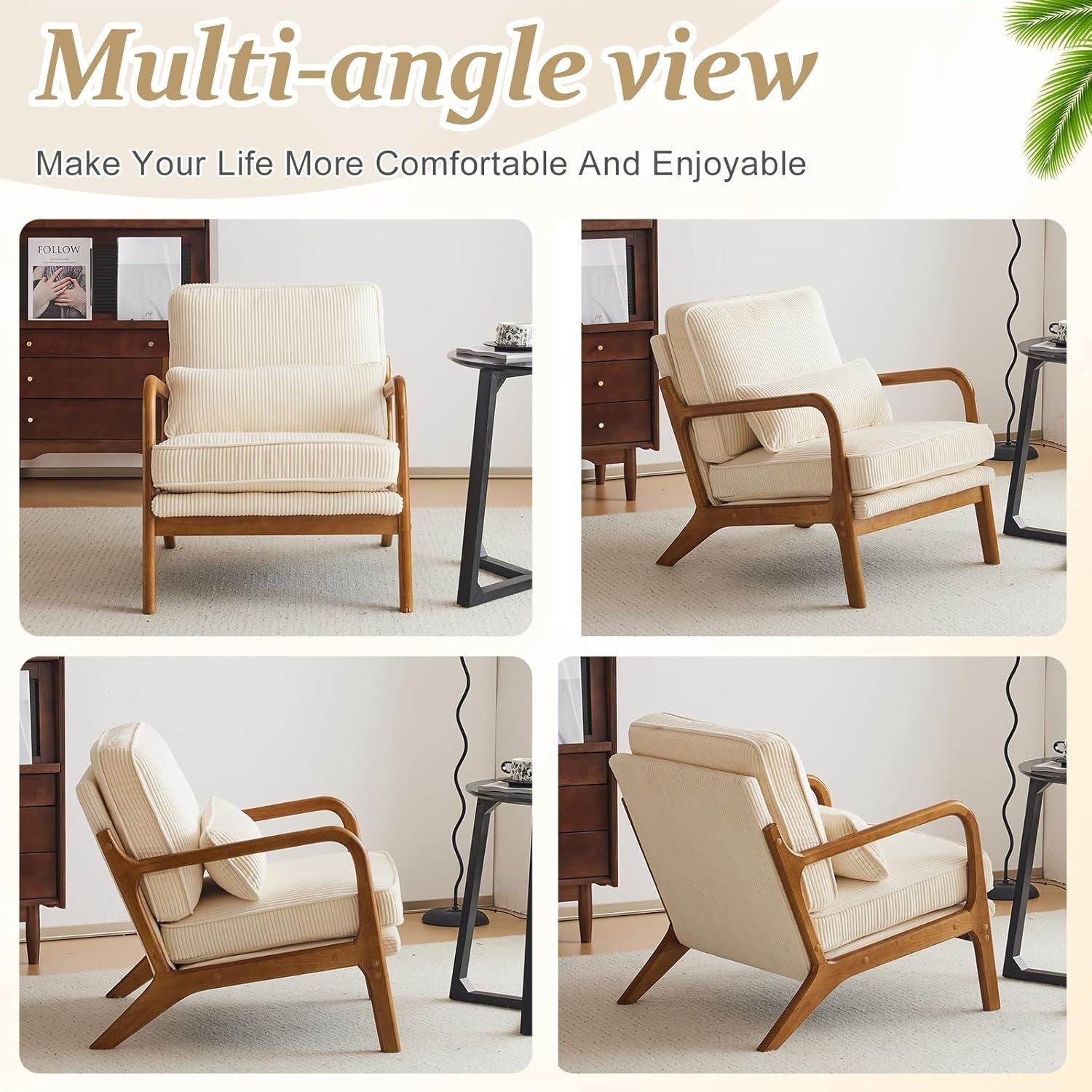 Corduroy Lounge Armchair with Lumbar Pillow | Oversized Solid Wood Frame