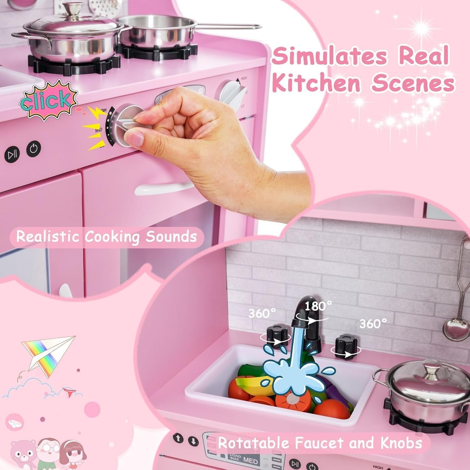 Wooden Kids Play Kitchen Pink w/ Chalkboard Ice Maker Microwave