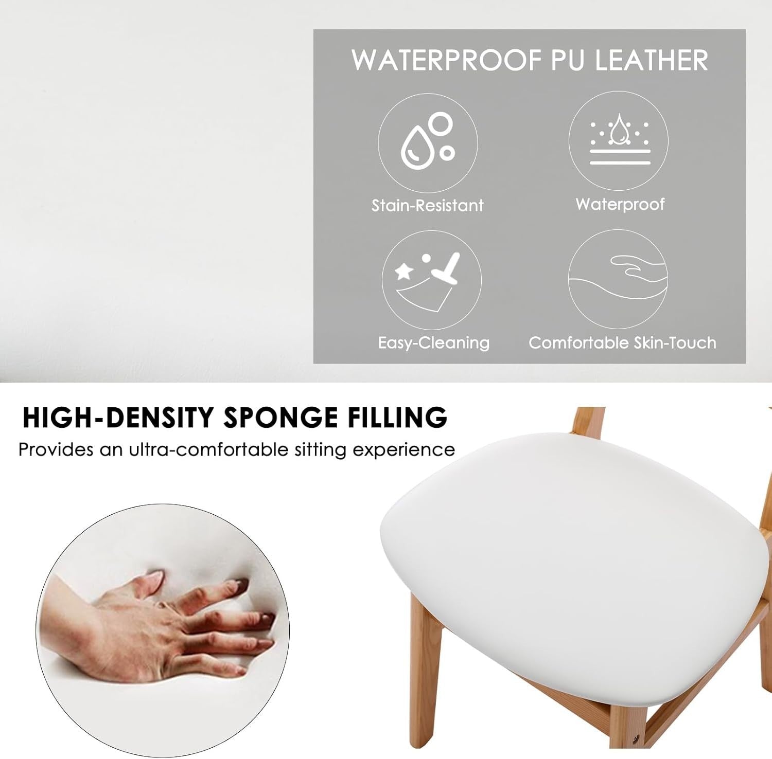 White Rattan Dining Chairs Set of 2 PU Leather Padded Retro Kitchen Chairs
