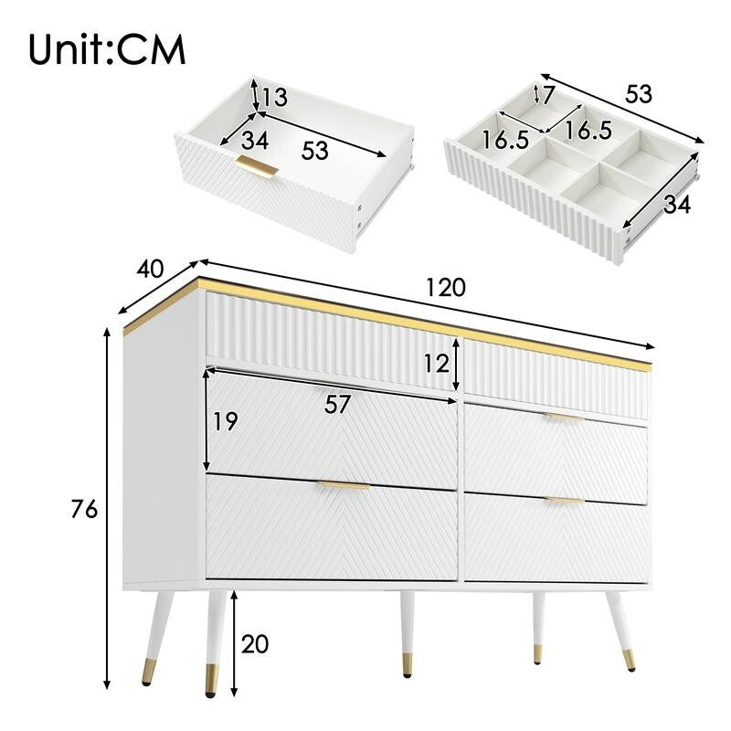 Modern 6 Drawer Dresser Sideboard Cabinet Amber Glass Top Storage Unit