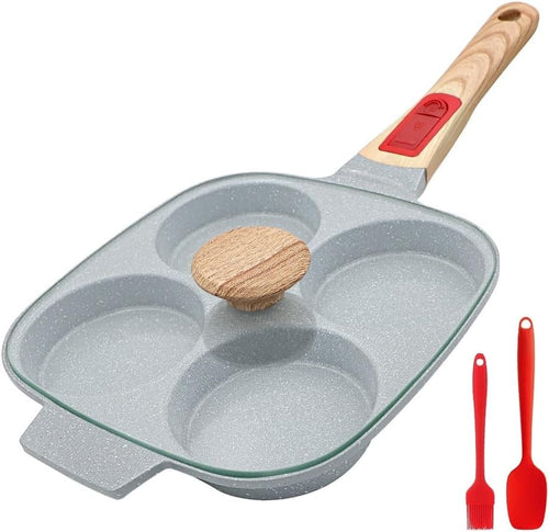 4-Cup Non-Stick Egg Pan with Lid Ceramic Pancake Skillet Detachable Handle Bluel