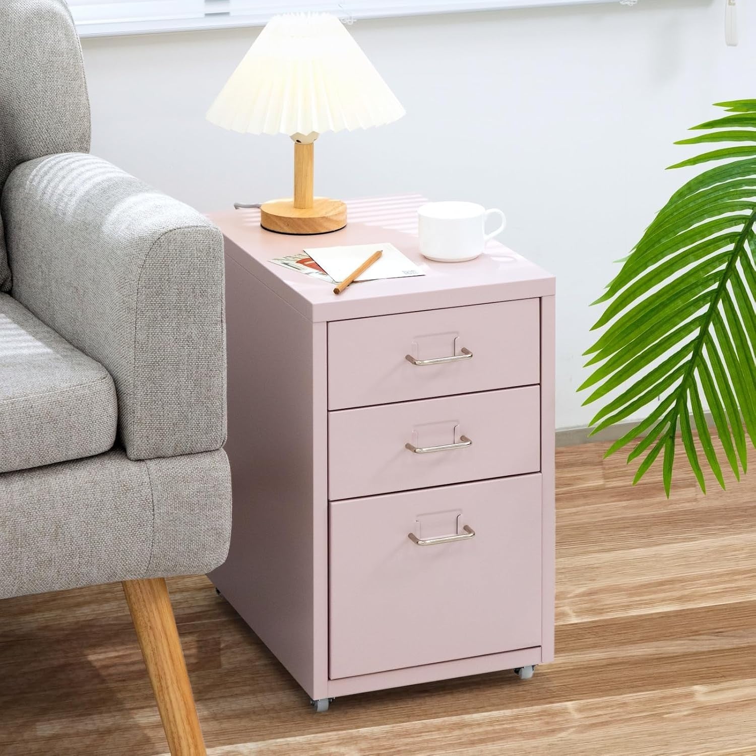 Pink Steel Rolling Drawer Unit 3 Tier Under Desk File Storage