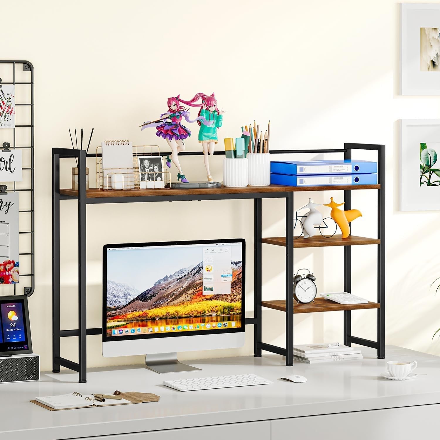 44.9" Desk Hutch Shelf Large Desktop Organizer 4-Tier Monitor Rack Wood Storage