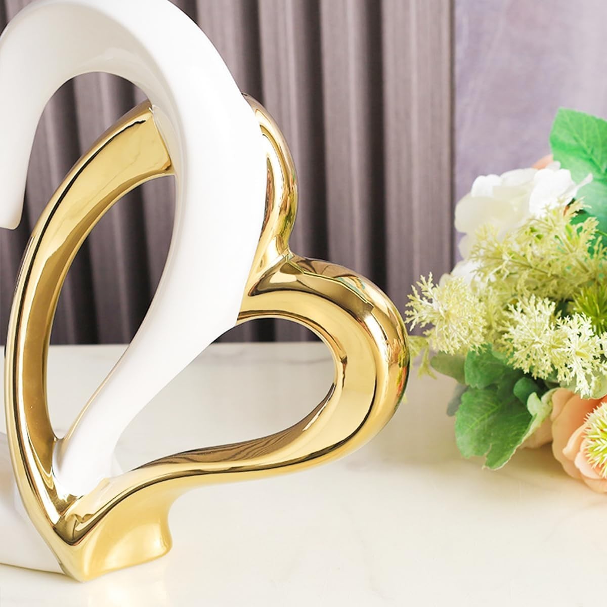 White Gold Double Heart Ceramic Sculpture Modern Luxury Home Decor Ornament Gift