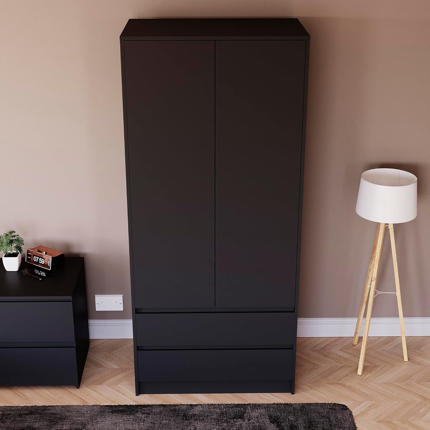 Modern 2 Door Black Wardrobe with 2 Drawers & Versatile Hanging Rail