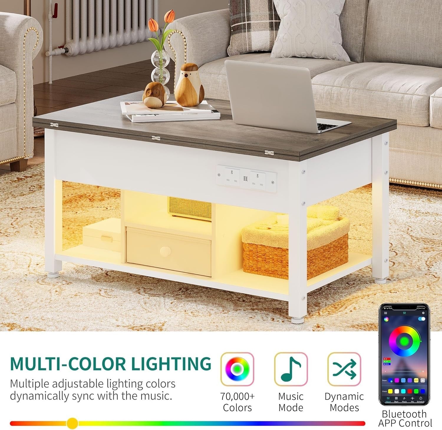 Lift Top Coffee Table with Storage, LED Lights, USB & Outlets, White Grey