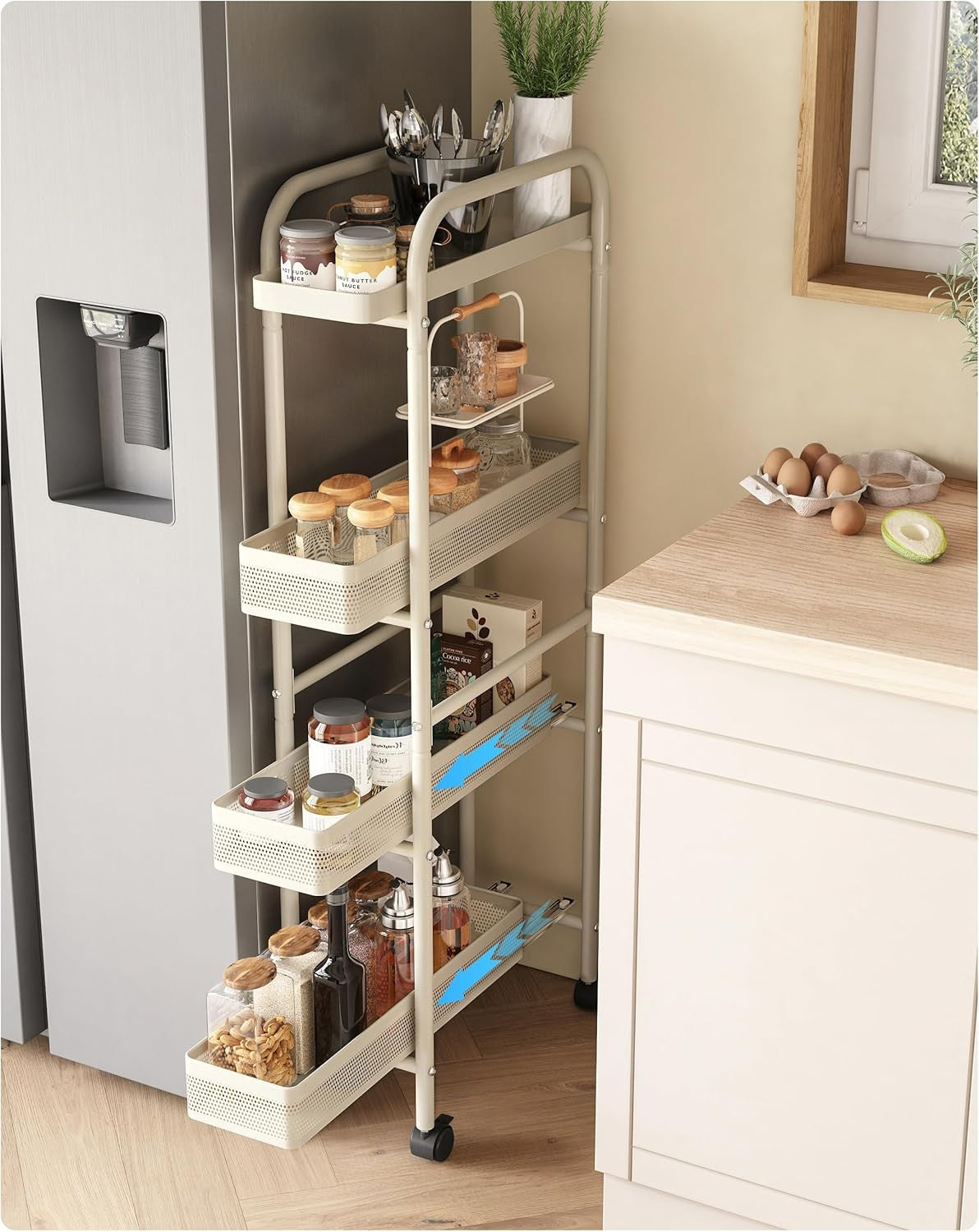 Slim Kitchen Storage Trolley 4 Tier Pull Out Drawers Narrow Cart on Wheels