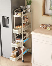 Slim Kitchen Storage Trolley 4 Tier Pull Out Drawers Narrow Cart on Wheels