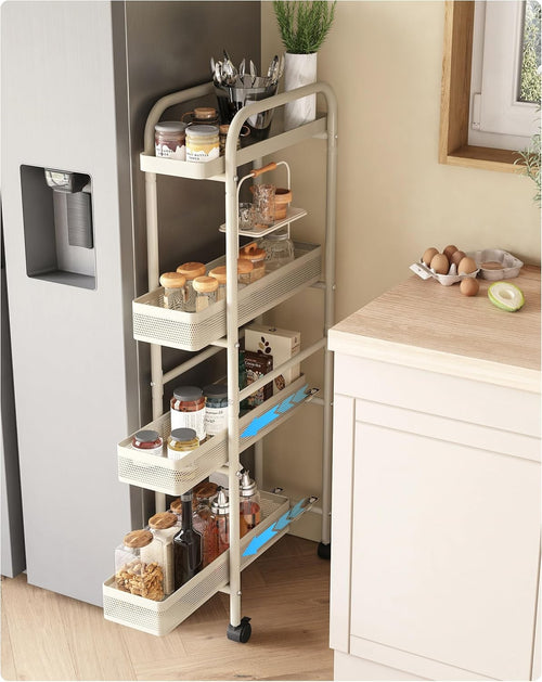 Slim Kitchen Storage Trolley 4 Tier Pull Out Drawers Narrow Cart on Wheels