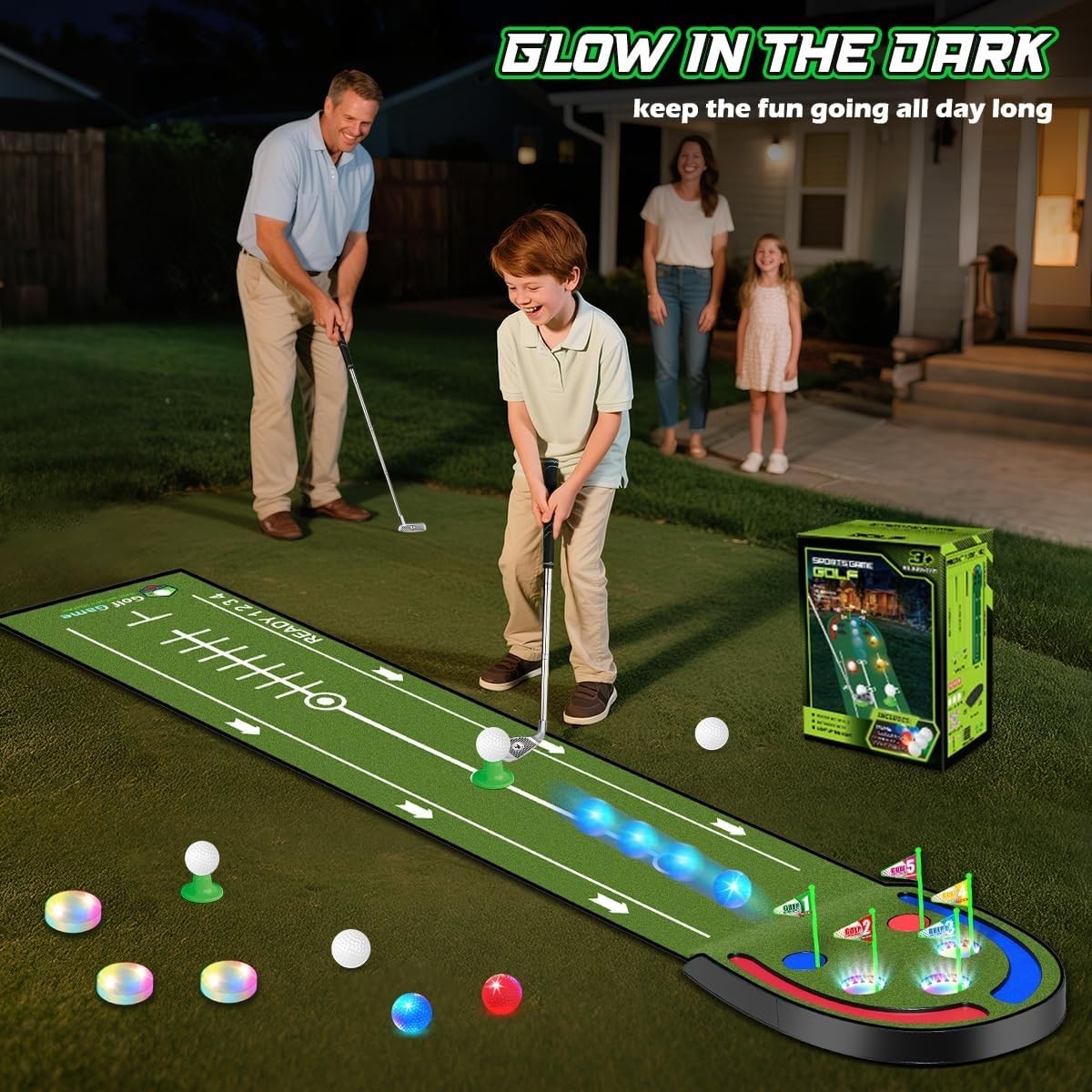 Kids Golf Putting Mat LED Light Up 7.8ft Training Green Indoor Outdoor