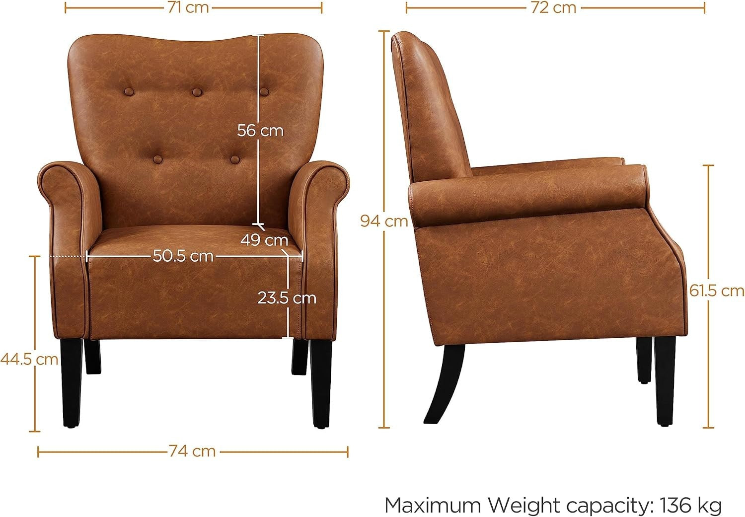 Set of 2 Retro Brown PU Leather Tub Chairs Mid-Century Armchairs