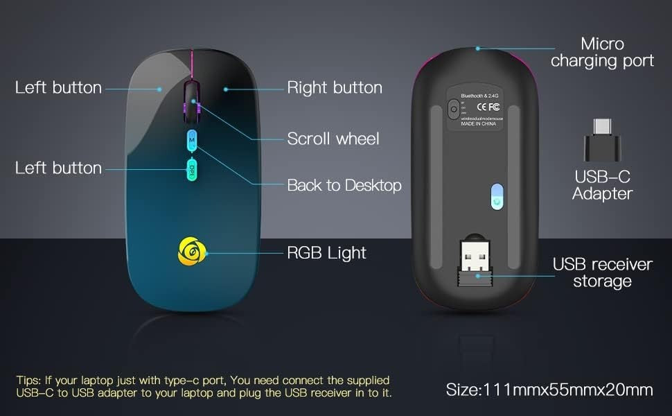 Wireless Bluetooth Mouse Rechargeable Silent RGB Type-C Blue