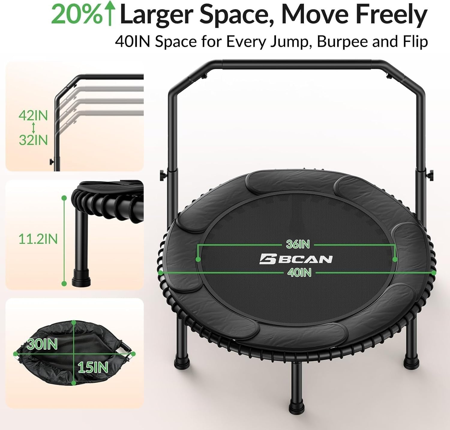 40in Fitness Rebounder Trampoline Adjustable Handle 450lb Silent Bungee
