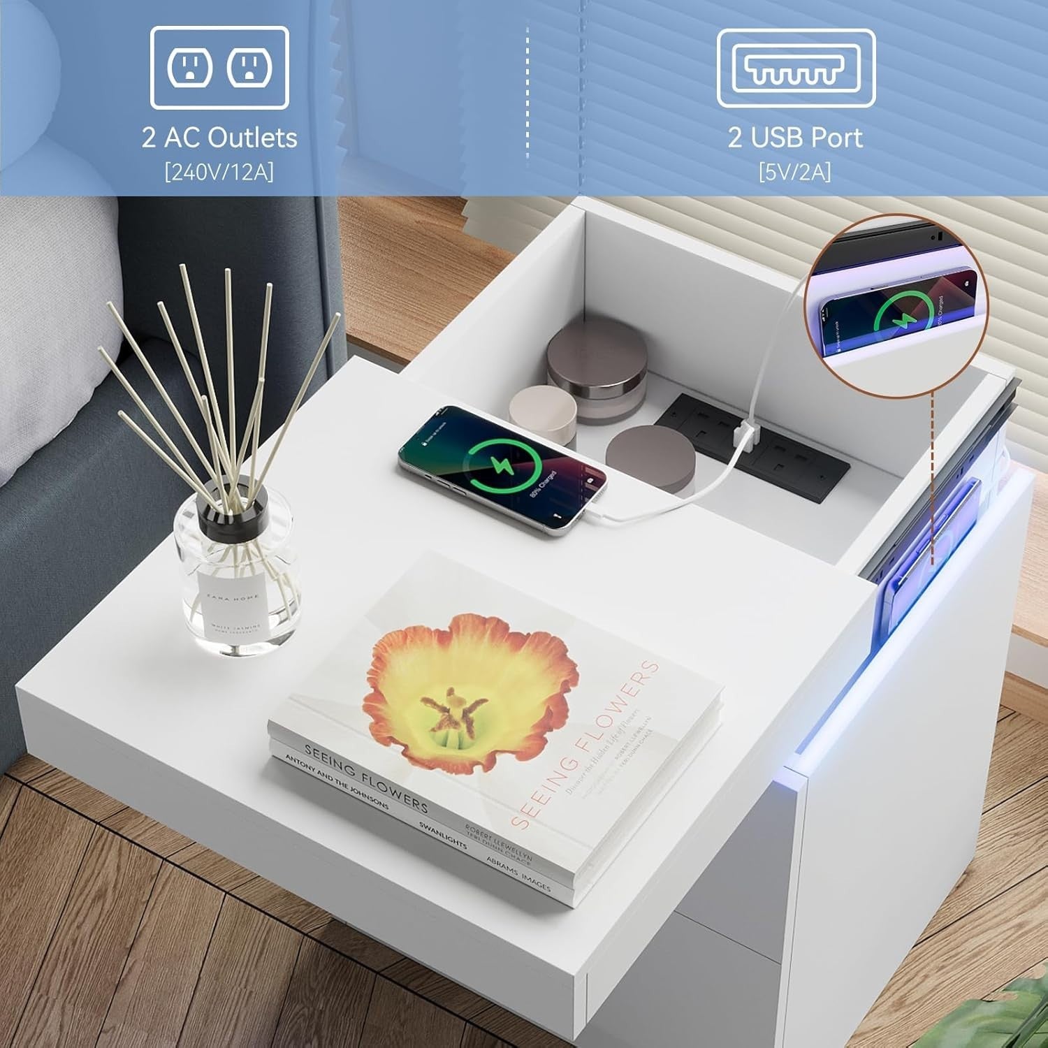 Modern LED Bedside Tables Set of 2 with USB Charging | White 2 Drawer Nightstand