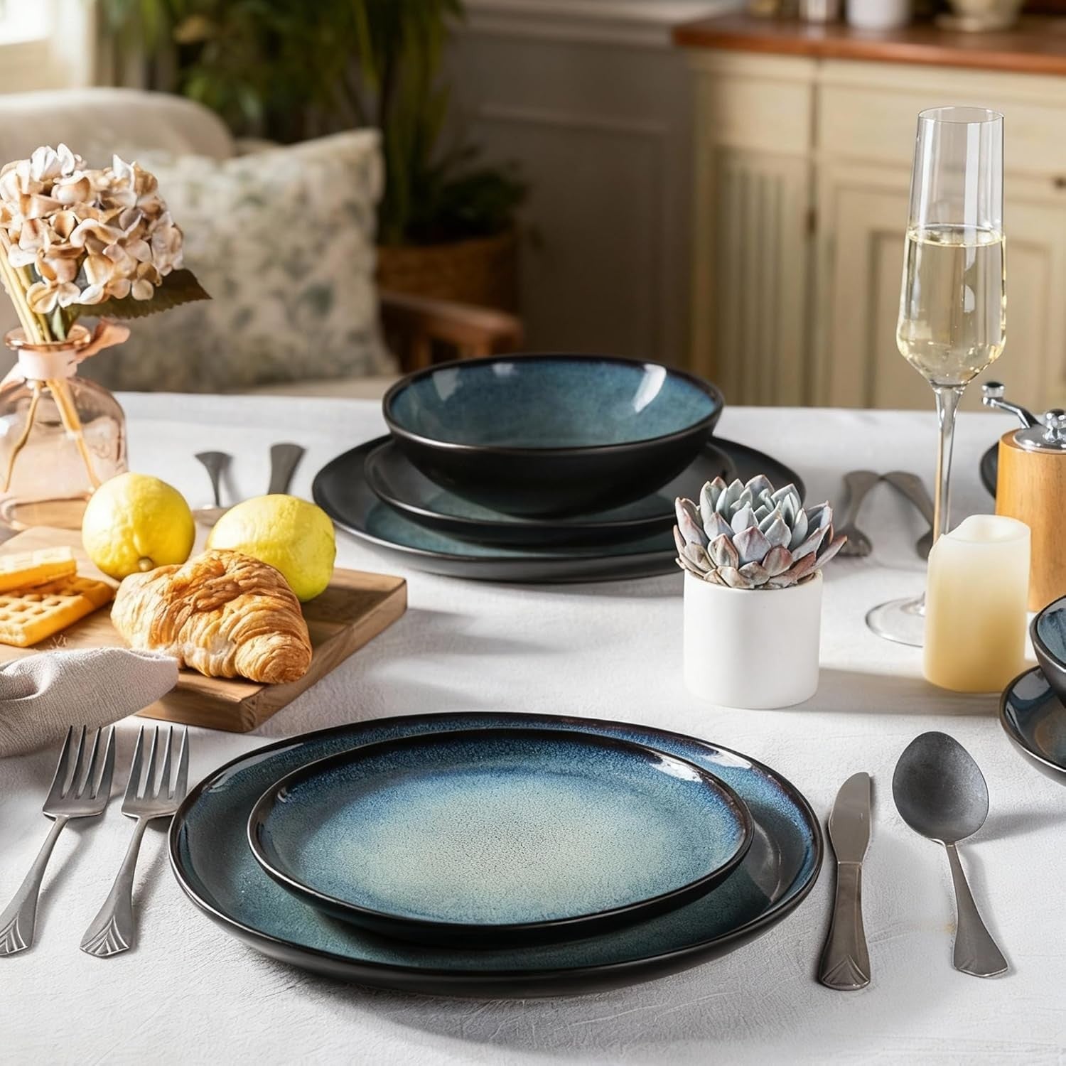 12pc Stoneware Dinnerware Set Reactive Blue Plates Bowls Dishwasher Safe