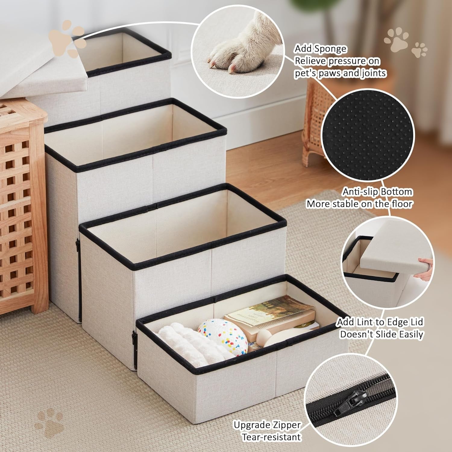 Dog Stairs 4 Step with Storage Foldable Pet Steps Beige 200lb