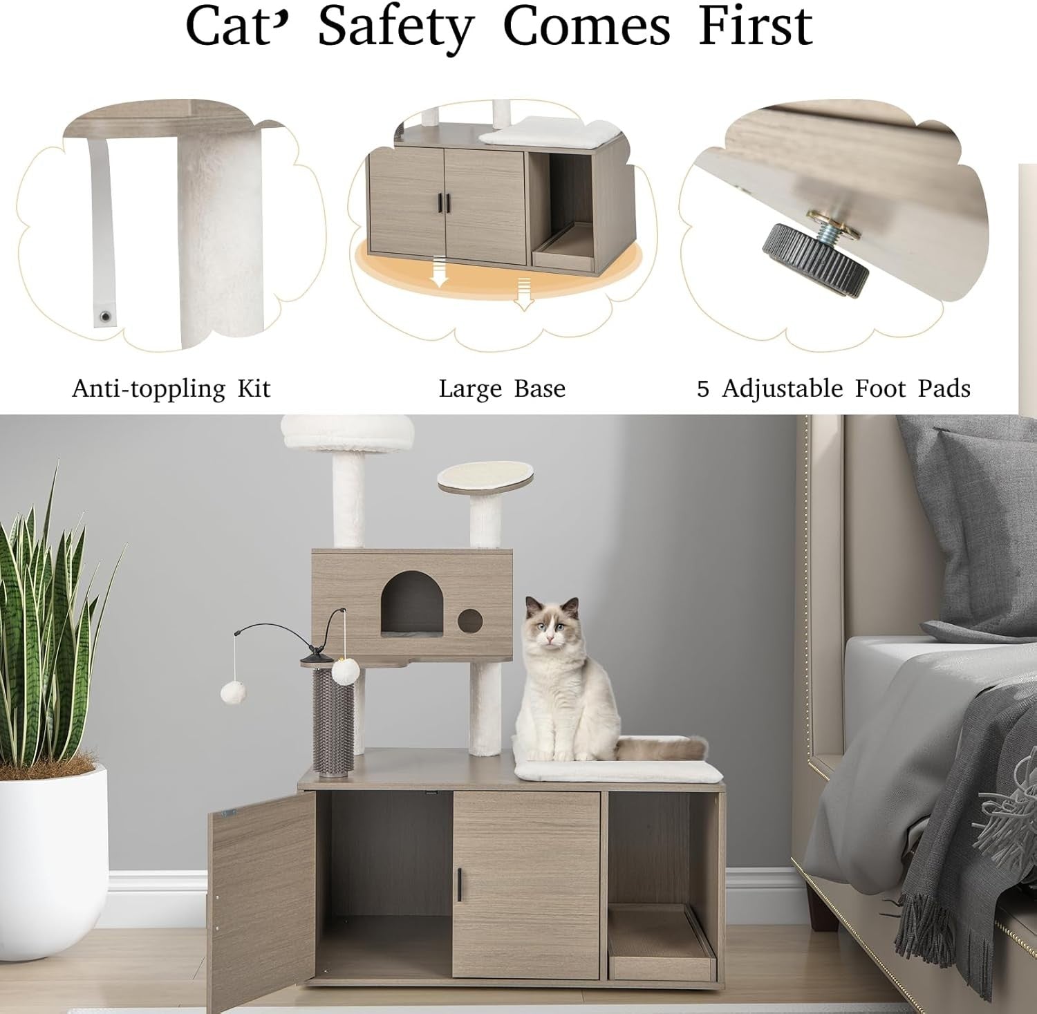 Wooden Cat Tree Tower Litter Box Enclosure Condo Scratching Post Indoor Unit