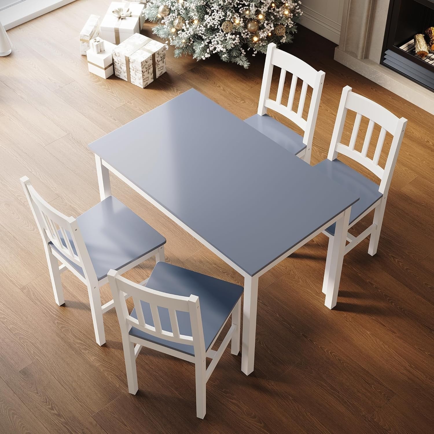 Solid Pine Wood Rectangular Dining Table & 4 Chairs Set - Grey Kitchen