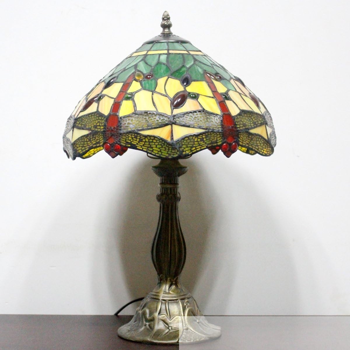 Stained Glass Tiffany Table Lamp 12x12x18in Green Yellow Bronze Base