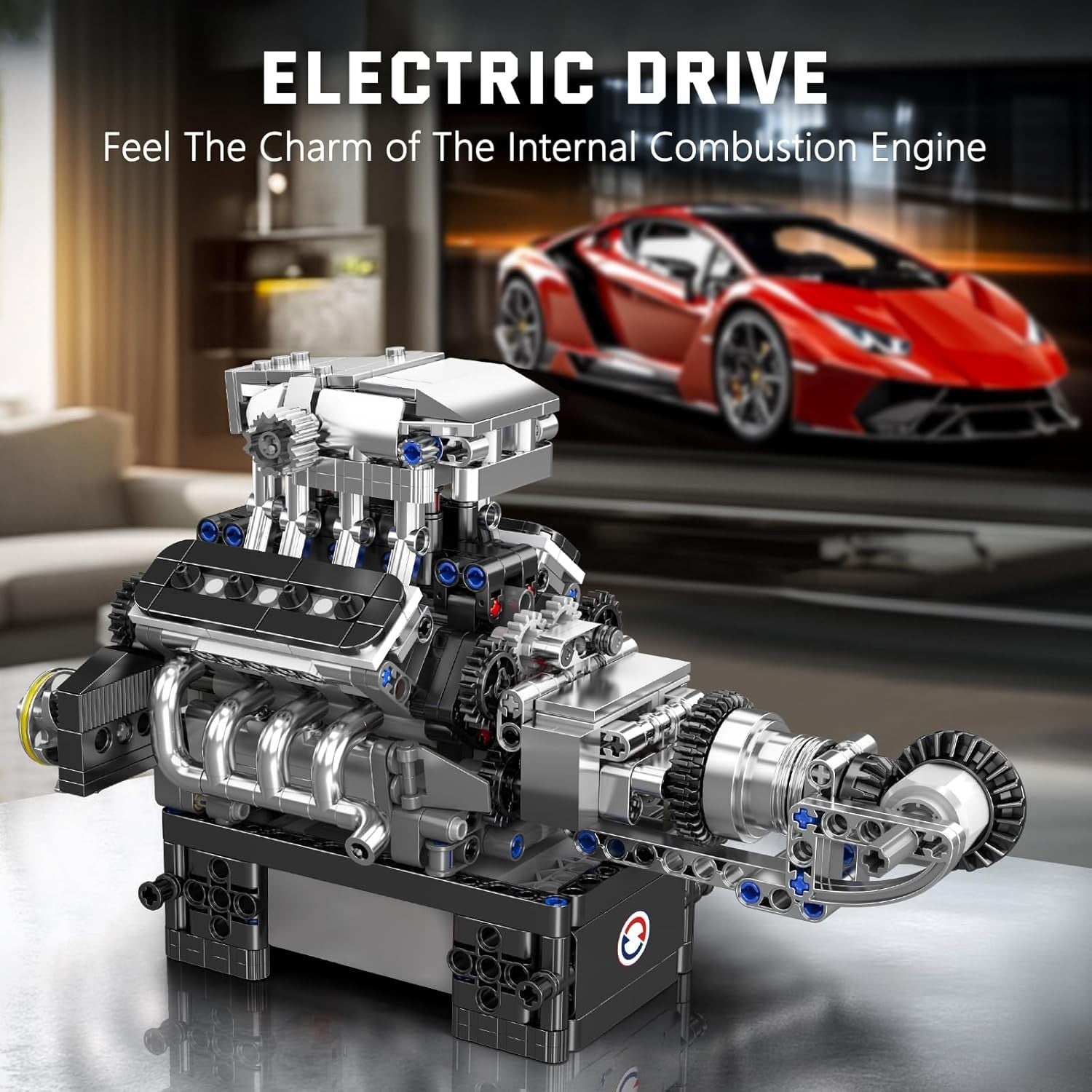 V8 Engine Model Kit with Motor 737pcs – Realistic Car Engine Toy
